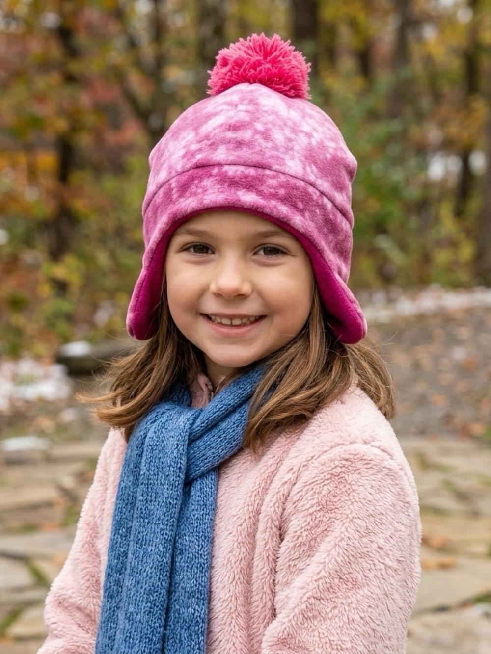 Kids Pink Pom-Pom Fleece Earflap Hat - Cozy Winter Beanie